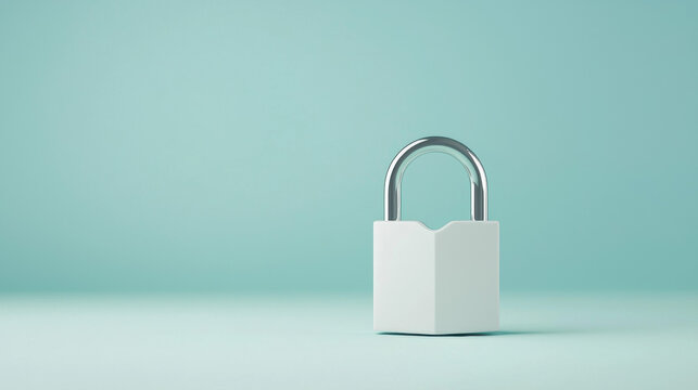 sleek, modern padlock stands prominently against soft turquoise background, symbolizing security and protection. Its minimalist design and shiny metal shackle evoke sense of trust and reliability