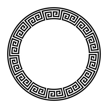 Greek key round frame. Typical egyptian, assyrian, greek, chinese motives circle border. Black outline greece border isolated on white background. Template for printing invitation, textile, engraving