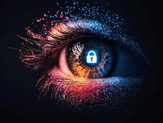 High tech eye with vibrant colors and digital padlock symbol, representing security and data protection. intricate details evoke sense of innovation and modern technology