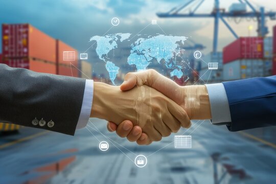 Business partnership handshake with global logistics and shipping background, symbolizing trust and collaboration in commerce