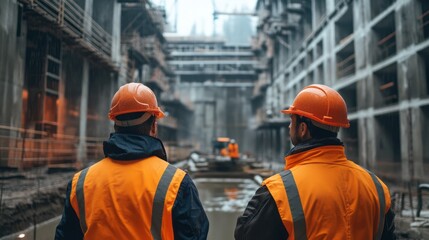 Two construction workers observe project progress at an active site