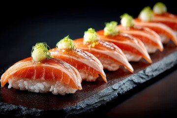 Fresh salmon nigiri sushi, arranged in a row on a black slate platter, creating a visually appealing gourmet Japanese dish perfect for a fine dining experience.