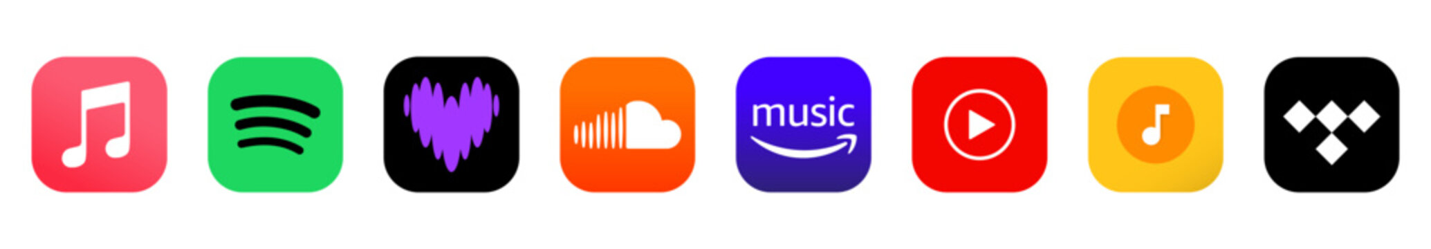 Apple music ,Deezer new logo, spotify,amazon music,apple podcast, youtube music, soundcloud, tidal, amazon music.Music streaming services logo set . Social media icon set. Vector
