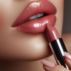 Caucasian Female Model putting on Lipstick - Cosmetic Advertisement of Lip Gloss, Liner, Lipstick, Lip Balm, - Woman Posing with and Applying Lipstick - Gloseup of Beauty Product