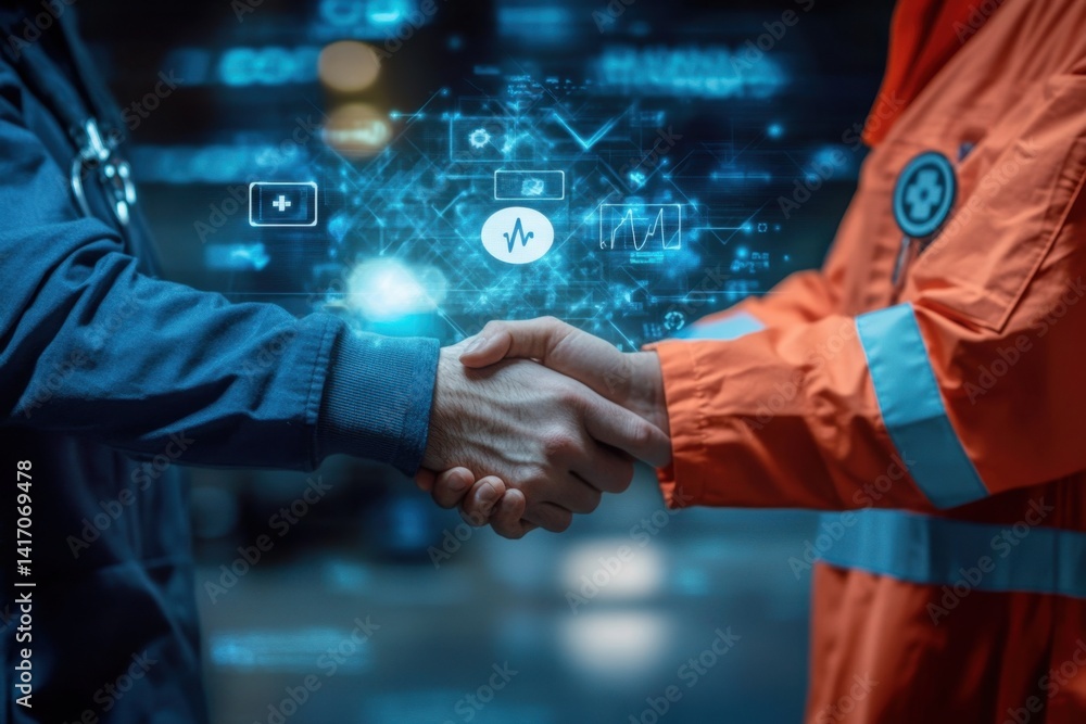 Poster close-up of two professionals shaking hands with digital health data visualization in background for