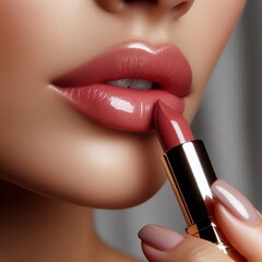 Obraz premium Caucasian Female Model putting on Lipstick - Cosmetic Advertisement of Lip Gloss, Liner, Lipstick, Lip Balm, - Woman Posing with and Applying Lipstick - Gloseup of Beauty Product