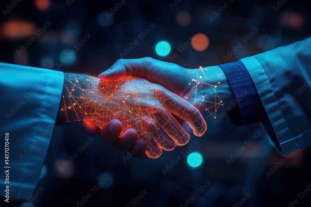 Poster digital transformation and partnership in technology, collaboration of human hands with glowing netw