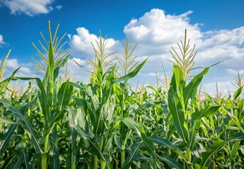 Corn Field Against a Bright Blue Sky with Fluffy Clouds, Showcasing Growing Crops Under the Sun in a Rural Landscape