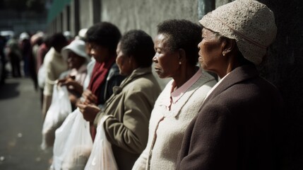 A group of women stand in line with bags, showcasing patience and endurance against an urban backdrop, reflecting themes of resilience and community.