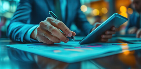 Naklejka premium Collaborative Data-Driven Consulting: IT Consultants Harnessing Digital Tablets for Big Data Management and Financial Document Analysis – Streamlining Enterprise Financial Insights, Risk Assessment, 