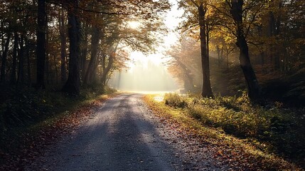Obraz premium A sunlit forest path flanked by tall trees. Used in nature photography or wellness themes, it represents hope, journey, and harmony with nature