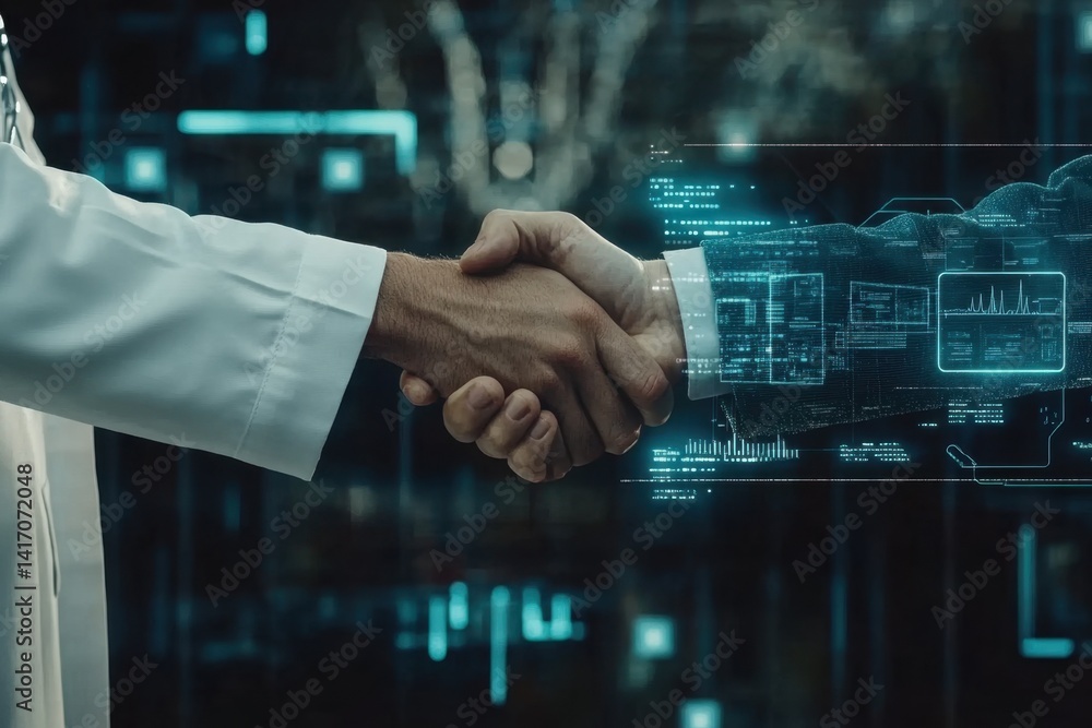 Poster hands shaking in a digital agreement with futuristic data visualization background representing tech