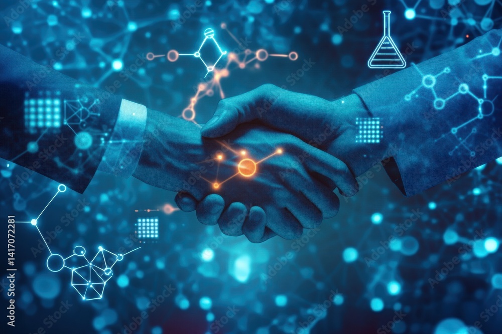 Poster hands shaking in collaboration against a digital science background with technology and innovation e