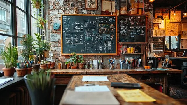 Rustic cafe interior with chalkboard menu, wooden counter, plants, and vintage decor