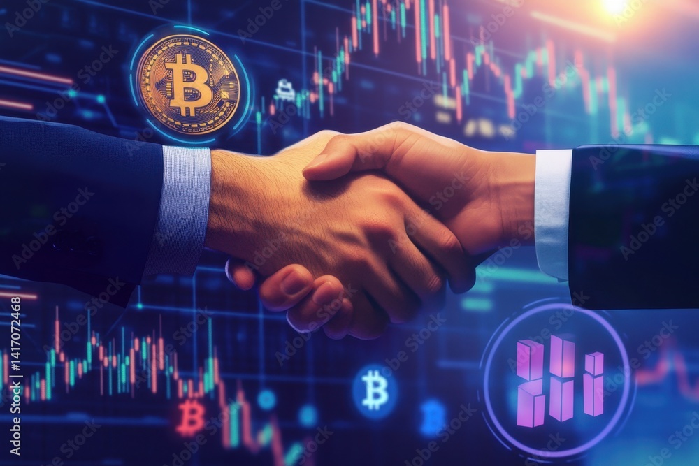Poster handshake symbolizing partnership in cryptocurrency trading with financial charts and bitcoin icons 