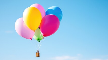 Naklejka premium Colorful balloons floating in a blue sky joyful celebration background image