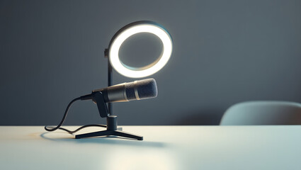 Sleek Modern Workspace Setup for Virtual Meetings Microphone and Ring Light