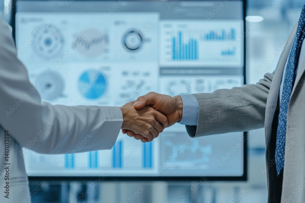 Poster professional business partnership handshake with data analytics presentation in background showing g