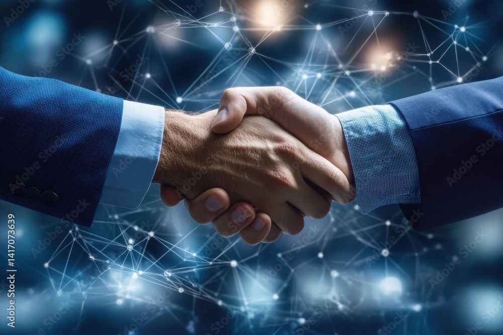 Aufkleber two business professionals shaking hands in an abstract digital network background representing part