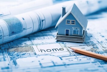 A home-design concept image with a wooden model, blueprints, and tools. Suitable for architecture firms or DIY content, it represents creativity