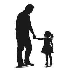 Monochrome silhouette illustration of a father walking hand-in-hand with his young daughter. Represents family, fatherhood, the special bond between a father and daughter, and a tender moment