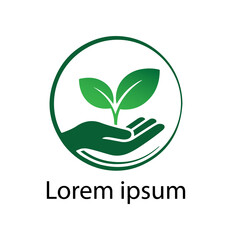 Green Hand Holding Plant Logo. Eco-Friendly, Organic Farming, and Sustainability Concept Icon.