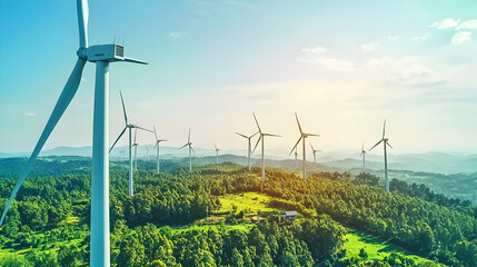 of multiple wind turbines in motion, with a clear focus on the sustainable technology and its impact on renewable energy production 