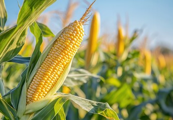 Fresh Sweet Corn Cob in Sunlit Field Surrounded by Lush Green Leaves and Stalks Under Blue Sky on a Warm Summer Day in Agricultural Landscape