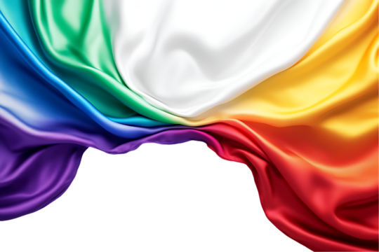Silken Rainbow: Flowing Fabric in Vibrant Chromatic Swirls Against White.