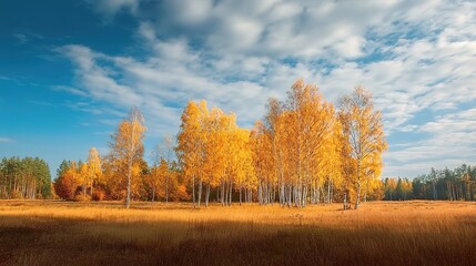 Fototapeta premium Autumn Birch Forest. A serene landscape with golden birch trees under a blue sky. Suitable for nature posters, meditation apps, or seasonal campaigns. 