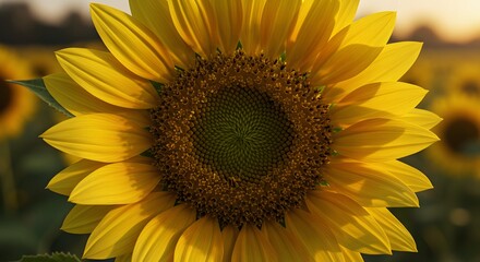 Fototapeta premium Blooming Sunflower Close-up in Field at Sunset Natural Light