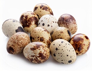 Obraz premium Speckled quail eggs arrangement on white background