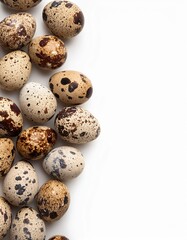 Obraz premium Speckled quail eggs on white background with varied patterns