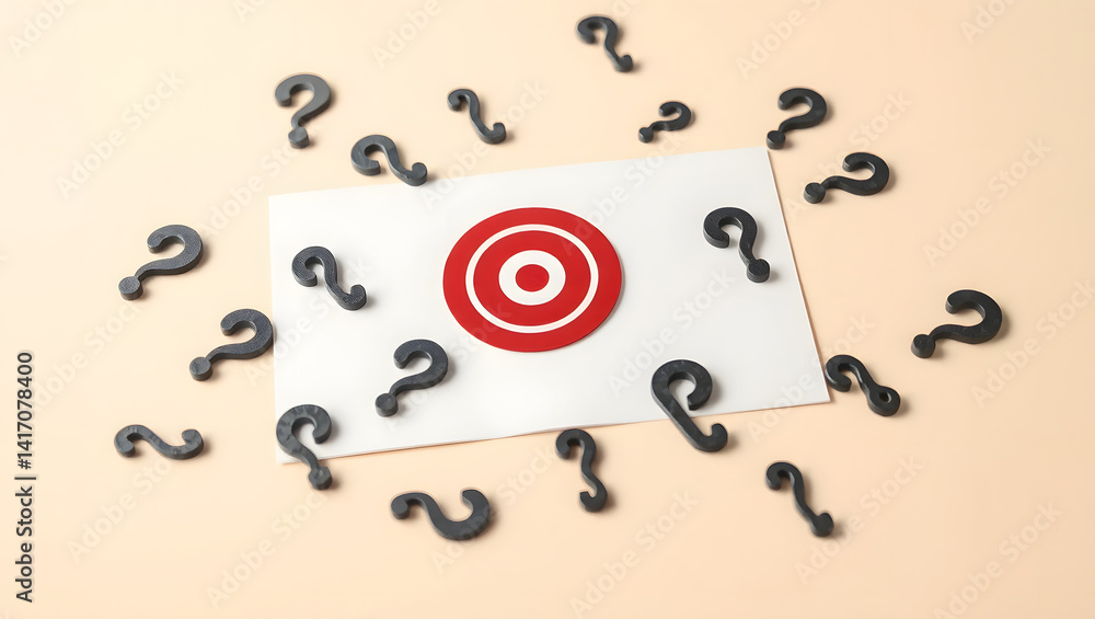 Poster finding answers target amidst uncertainty, question marks concept