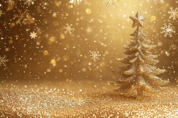 Golden Christmas tree with star and snowflake on glittering gold background. Perfect for holiday season cards, invitations, and promotional materials.
