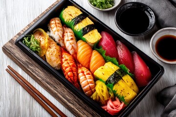 A beautifully arranged sushi platter with assorted nigiri, showcasing vibrant colors and fresh ingredients on a textured wooden surface, accompanied by chopsticks.