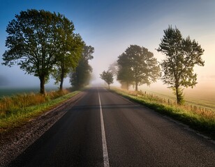 Fototapeta premium Misty morning rural road with lush trees and sunlight