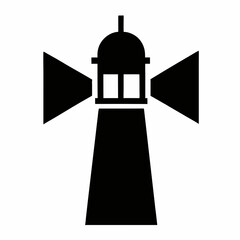 Simple Black And White Silhouette Of A Lighthouse With Light Beams Shining Out
