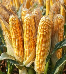 Freshly harvested ears of yellow corn on the cob in a sunny field showcasing the natural beauty and abundance of agricultural produce in summer season