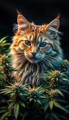 Obraz premium Ginger cat in the bushes of cannabis. Portrait of a cat among plants. Vertical arrangement
