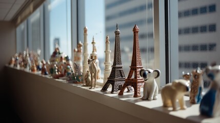 A collection of global architectural miniatures lines a sunlit window sill, adding an eclectic touch against a city backdrop.