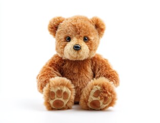 Fototapeta premium Adorable Brown Teddy Bear Sitting Softly on White Background: A Plush Toy for Comfort and Play
