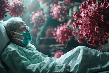 Elderly man wearing mask in bed surrounded by corona virus