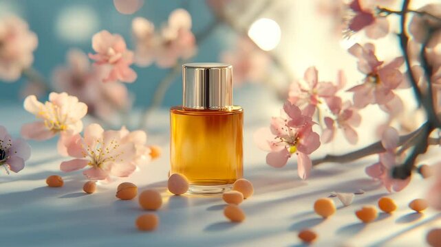A bottle of perfume is placed on a table with a bunch of flowers. The bottle is surrounded by small apricot beads, which add a pop of color to the scene. Scene is elegant and sophisticated