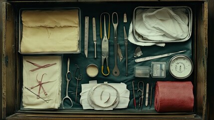 Cupboard of neatly arranged sterile bandages and birthing tools