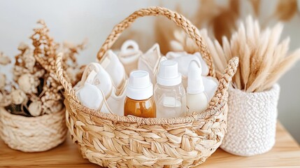 Natural fiber basket with feeding bottles and nursing bras