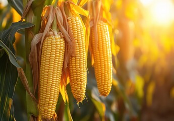 Golden Corn on the Cob Hanging on Stalks at Sunset in a Lush Agricultural Field with Soft Sunlight Illuminating the Harvesting Crop