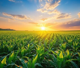 Golden Sunrise Over Lush Cornfield in Summer, Bathed in Warm Light and Vibrant Colors, Showcasing Nature's Splendor and Agricultural Beauty