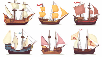 Fleet of Historical Sailing Vessels: A vibrant tableau of classic sailing ships, each unique in design and adorned with billowing sails.