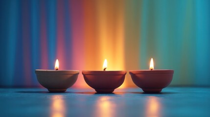 Three burning candles, colorful background, serenity, Diwali